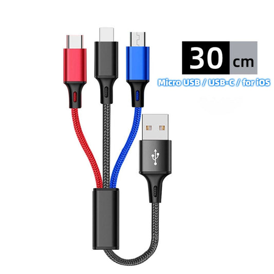 ANKNDO 3-in-1 Mini USB Splitter Cable, USB-A to USB-C, Micro-USB, Lightening, 30cm - ULT Gear